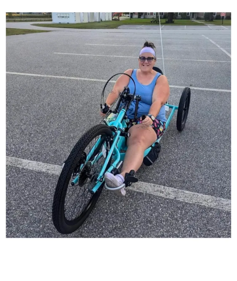 LJ Shurpik with her new adaptive handcycle from The ReM.A.R.C.able Foundation